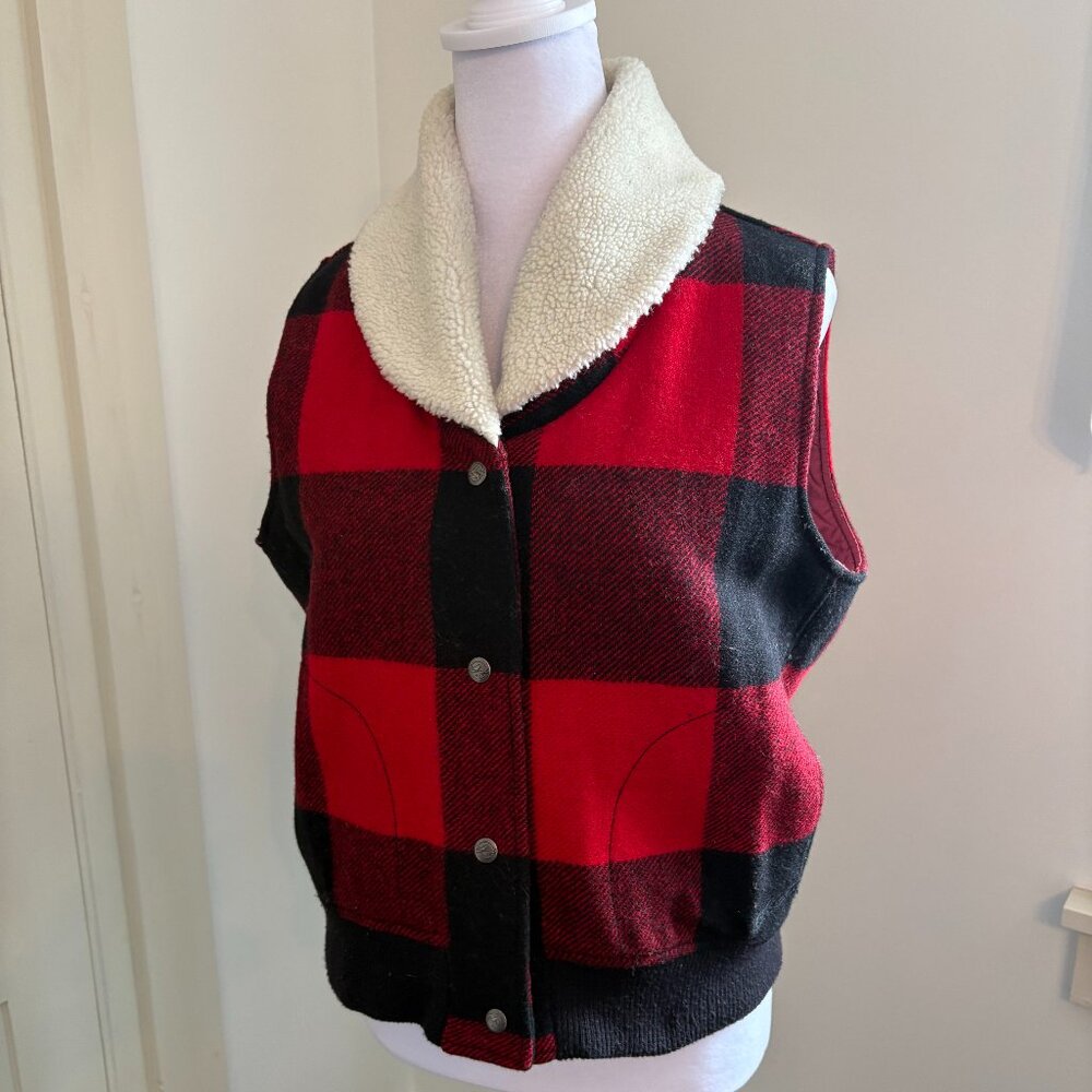 Woolrich Buffalo Plaid Wool Blend Vest with Faux Fur Collar, Vintage Lumberjack